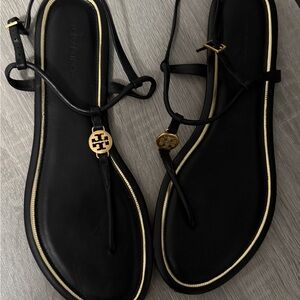 Tory Burch Black Leather Thong Sandals with Gold Logo Accent